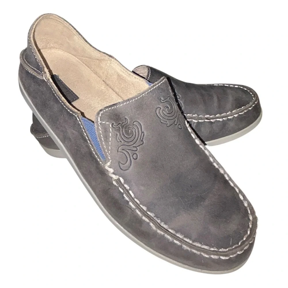 Olukai Nohea Nubuck Charcoal Gray Leather Slip On Loafers Womens 8 20174-VIPG